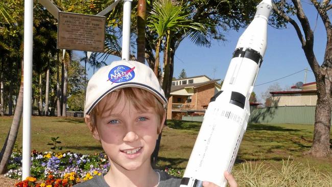 SPACE MAD: Nine-year-old William Hartley has been re-enacting the 1969 first man to the moon mission with his purpose-built Lego Saturn V rocket, complete with  Eagle  moon lander. Picture: Tim Howard