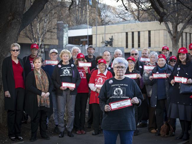 Sue Neill-Fraser Support Group president Rosie Crumpton-Crook and members at Parliament for the 12th anniversary of Sue Neill-Fraser's incarceration. Picture: Chris Kidd