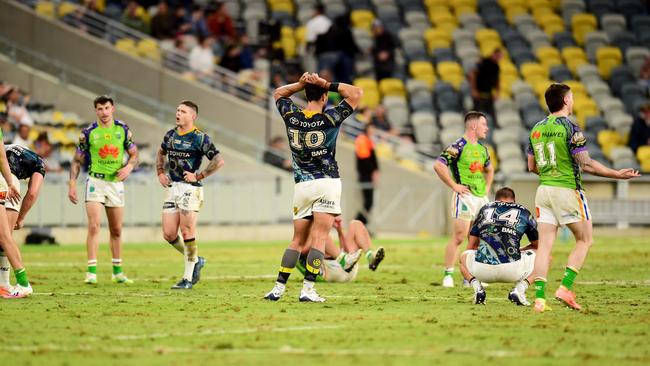 The Queensland Country Bank Stadium surface isn’t holding up. Picture: Alix Sweeney