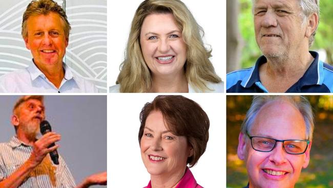 IPSWICH MAYORAL CANDIDATES: clockwise from top left: David Martin; incumbent Tereas Harding; Ken Salter; Peter Robinson; Sheila Ireland; Karakan Kochardy.