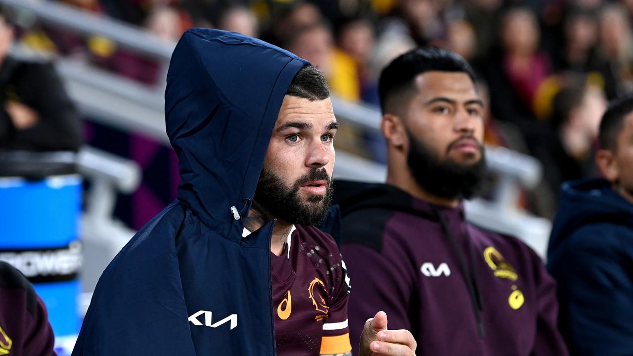BRISBANE, AUSTRALIA - JUNE 11: Adam Reynolds and Payne Haas of the Broncos are seen on the sideline after being injured during the round 14 NRL match between the Brisbane Broncos and the Canberra Raiders at Suncorp Stadium, on June 11, 2022, in Brisbane, Australia. (Photo by Bradley Kanaris/Getty Images)