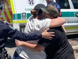 Hayley Good with Logan , who has been found after going missing at Mount Remarkable overnight . Picture: Nine News