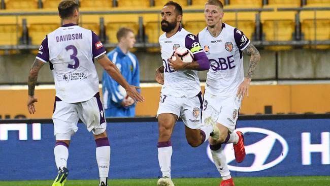 Perth Glory’s Diego Castro, centre, celebrates after scoring against Wellington last Sunday. Picture: AAP