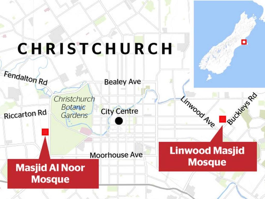 Christchurch mosque shooting location map. Picture: NZ Herald