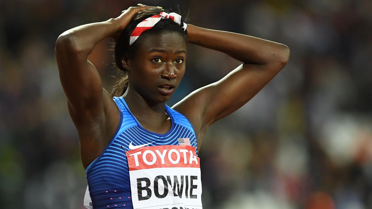 US athlete Tori Bowie reacts after taking gold in the final of the women's 100m at the 2017 IAAF World Championships.