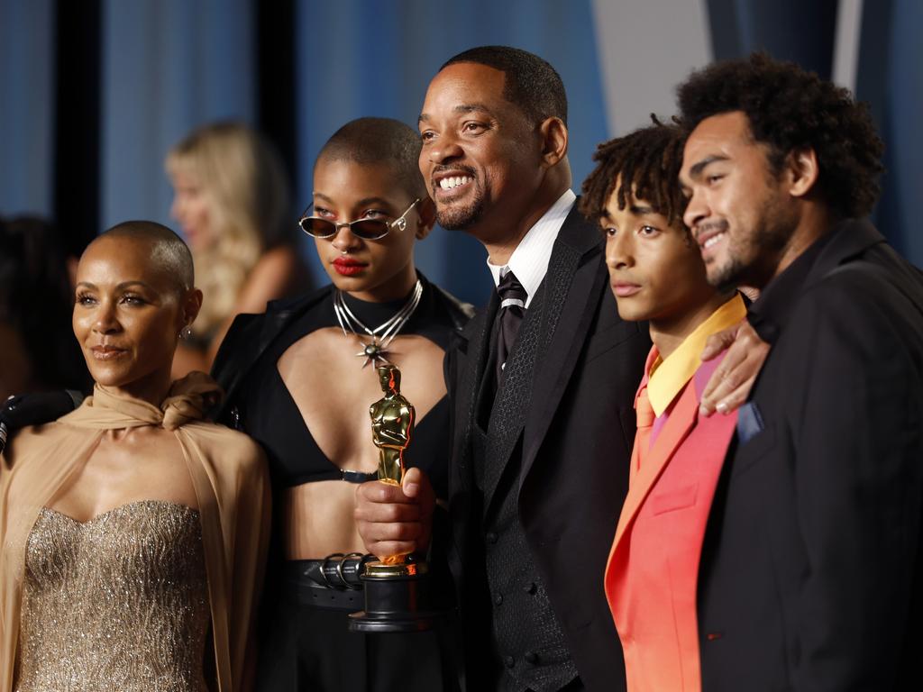 Jada Pinkett Smith, Willow Smith, Will Smith, Jaden Smith, and Trey Smith at the 2022 Vanity Fair Oscar Party. Picture: Frazer Harrison/Getty Images