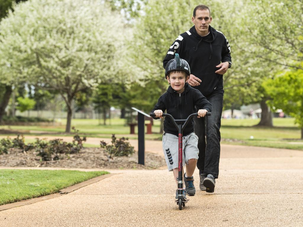 Greg Chambers with son Michael Chambers at the Man with a Pram event on Father's Day, Sunday, September 5, 2021. Picture: Kevin Farmer