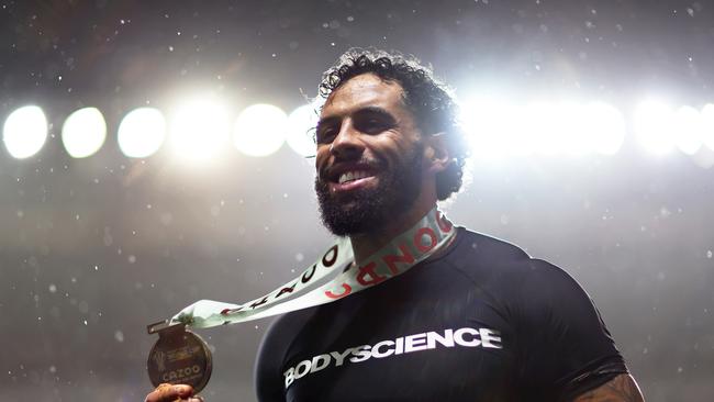 Man of the match Addo-Carr now has six tries to his name at the RLWC and could be an early favourite for most tries in the tournament. Picture: Getty Images.