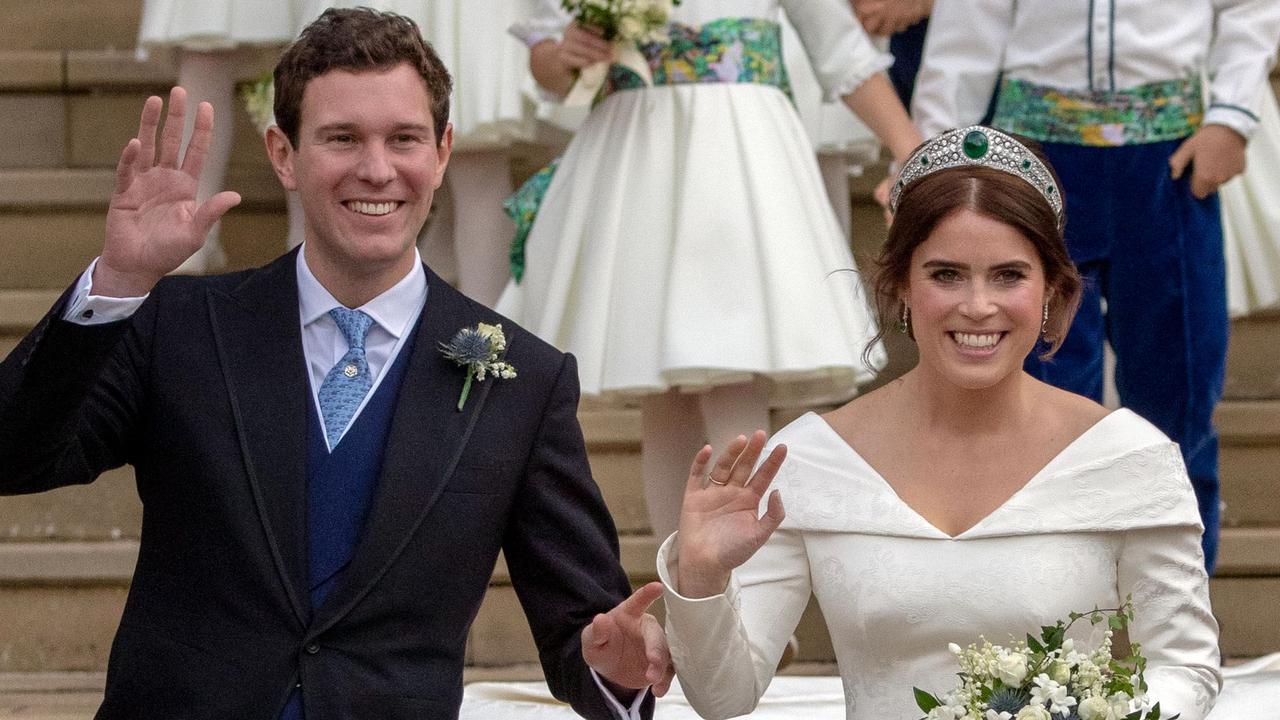 Princess Eugenie in the Greville Emerald Kokoshnik Tiara, allegedly the tiara Meghan wanted, on her wedding day to Jack Brooksbank on October 12, 2018. Picture: Steve Parsons/AFP.