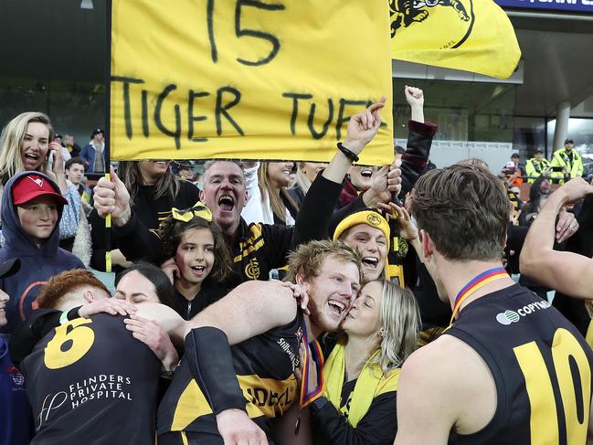 Josh Scott celebrates the 2019 premiership with family and friends. Picture: Sarah Reed