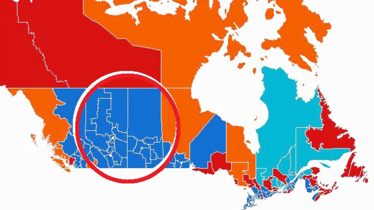 In Canada's Prairie Provinces (ringed) few, if any, seats went to Justin Trudeau's Liberal party (red) The Conservatives (blue) almost swept the board. Picture: CBC.