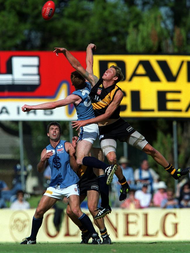 Laurence Angwin rucking in his first SANFL game for Glenelg – he received two Magarey Medal votes.