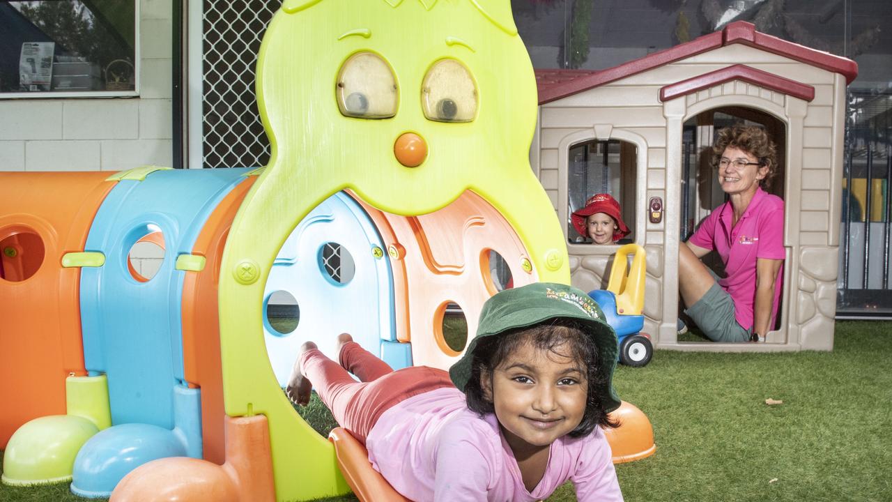 (from left) Kindy students Aloka Roy and Ivy Macdonald with early childhood teacher and educational leader Kathy Mitchell. Mirambeena Children's Centre voted best childcare centre by Chronicle readers. Thursday, March 31, 2022. Picture: Nev Madsen.