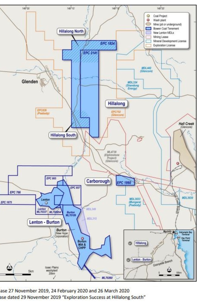 Map showing the location of the Hillalong Project – its southern and northern areas – as well as it's proximity to the Burton processing plant in the Bowen Basin. Picture: Bowen Coking Coal ASX announcement