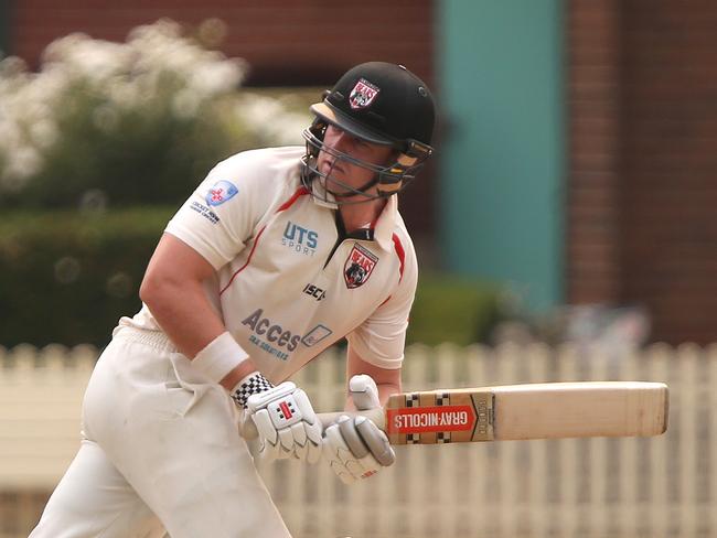 FAIRFIELD ADVANCE/AAP. Tom Jagot bats for UTS North Sydney at Rosedale Oval, Warwick Farm, Saturday, 14th December 2019. The Liverpool Fairfield Lions(bowling) took on UTS North Sydney in a first grade cricket match at Rosedale Oval, Warwick Farm. (AAP IMAGE / Robert Pozo)