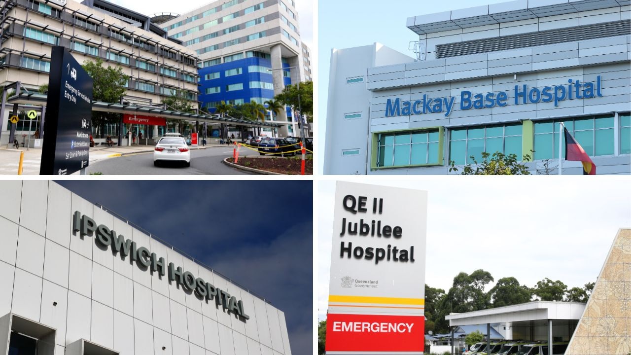 Clockwise from top left, Royal Brisbane and Women’s, Mackay, QEII Jubilee and Ipswich hospitals