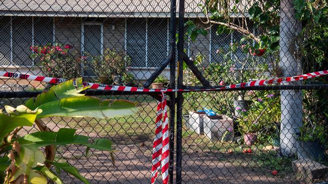 NT Police is investigating the shooting deaths of two Top End residents in Millner and Karama. Pictured is the crime scene established on Spriggs St, Millner. Picture: Pema Tamang Pakhrin