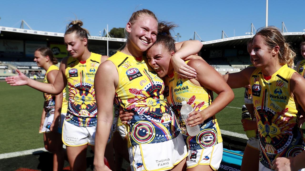 Adelaide celebrates the win. Picture: Dylan Burns/AFL/Getty