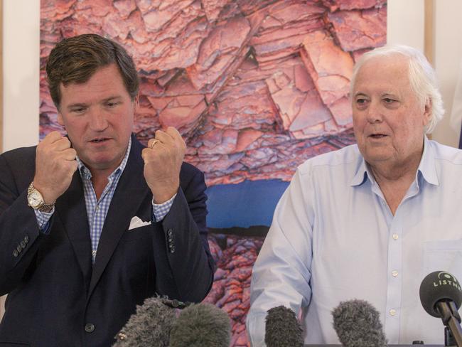 BRISBANE, AUSTRALIA - NewsWire Photos - JUNE 19, 2024: American journalist aand Journalist Tucker Carlson and Australian mining magnate Clive Palmer give a press conference ahead of the Australian Freedom Conference at the Palmers Fig Tree Pocket estate.Picture: NewsWire / Glenn Campbell