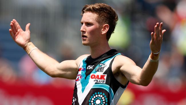 Kane Farrell of the Power celebrates a goal during the round 11 match against St Kilda in Shanghai, China. Picture: Michael Willson/AFL Photos