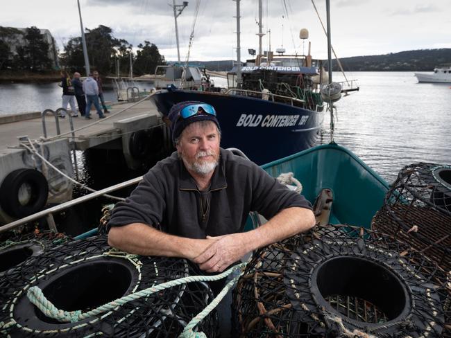 Tasmanian  lobster fisherman Clive Perryman who is concerned about the impacts that proposed seismic testing for oil and gas in Bass Straight will have on fisheries.photographed on his boat Minnamurra 2 at Margate in Southern Tasmania.27/08/2020photo by Peter Mathew