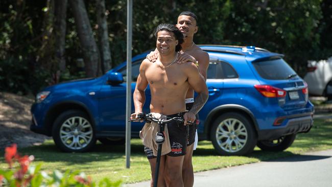 Brian To’o and Stephen Crichton celebrating Penrith’s 2021 grand final win on the Sunshine Coast. Picture: Brad Fleet