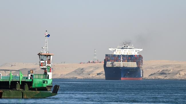 A ship transits the Suez Canal towards the Red Sea on January 10 in Ismailia, Egypt. Picture: Getty Images