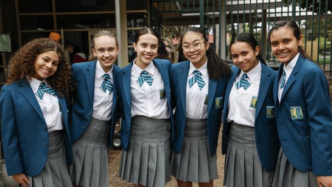 Young actors Jada Lee Henry, Stella Shute, Zoe Burns, Akira Van, Luciana Valdez Tirdao, and Eva Grados in the Adelaide-produced Netflix series Gymnastics Academy: A Second Chance. Picture: NETFLIX