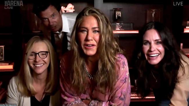 Her third look! Jennifer Aniston, centre, with her Friends co-stars Lisa Kurow and Courteney Cox (and a cameo from Jason Bateman). Picture: Foxtel