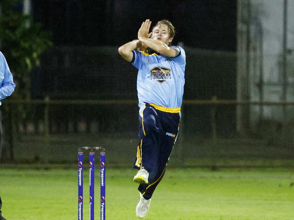 Far North Fusion bowler Henry King in the Queensland Bulls Masters Country Challenge cricket match between the Far North Fusion and the Darling Downs Suns, held at Griffiths Park. Picture: Brendan Radke