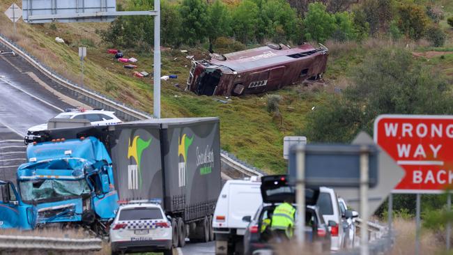 The aftermath of a crash involving a school bus and truck at Bacchus Marsh. Picture: Brendan Beckett