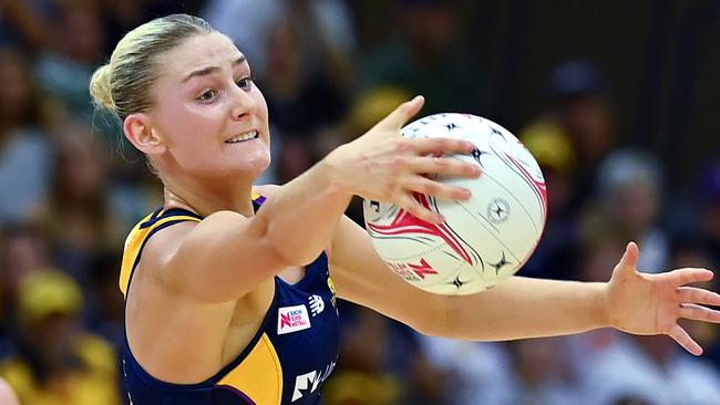 SUNSHINE COAST, AUSTRALIA - MARCH 19: Annie Miller of the Lightning in action during the round one Super Netball match between the Sunshine Coast Lightning and the GWS Giants at University of Sunshine Coast Stadium, on March 19, 2023, in Sunshine Coast, Australia. (Photo by Albert Perez/Getty Images)