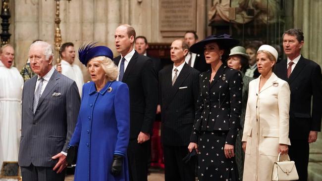 The royal family in full voice at the annual Commonwealth Day Service at Westminster Abbey on Monday. Picture: Getty Images