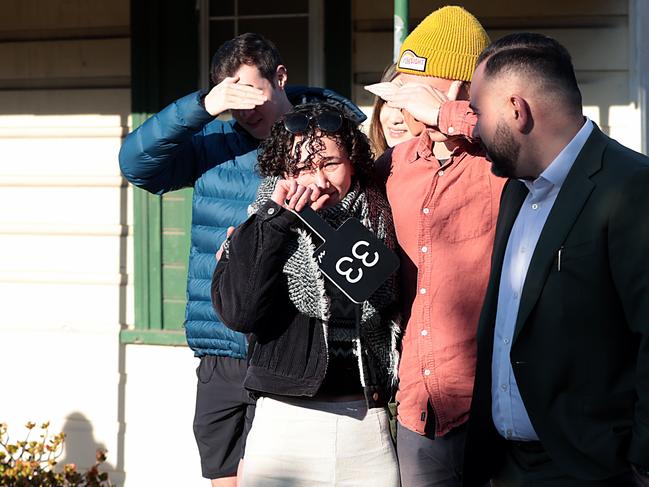 Upset young first home buyers (L-R) Lara Hirsch (28) and partner Sam McMahon (30) were out bid at auction at 9 Hart Street, Tempe.The winning bid was $1.466M with four groups bidding and six registered. The reserve was $1.4M. Jane Dempster/The Daily Telegraph.