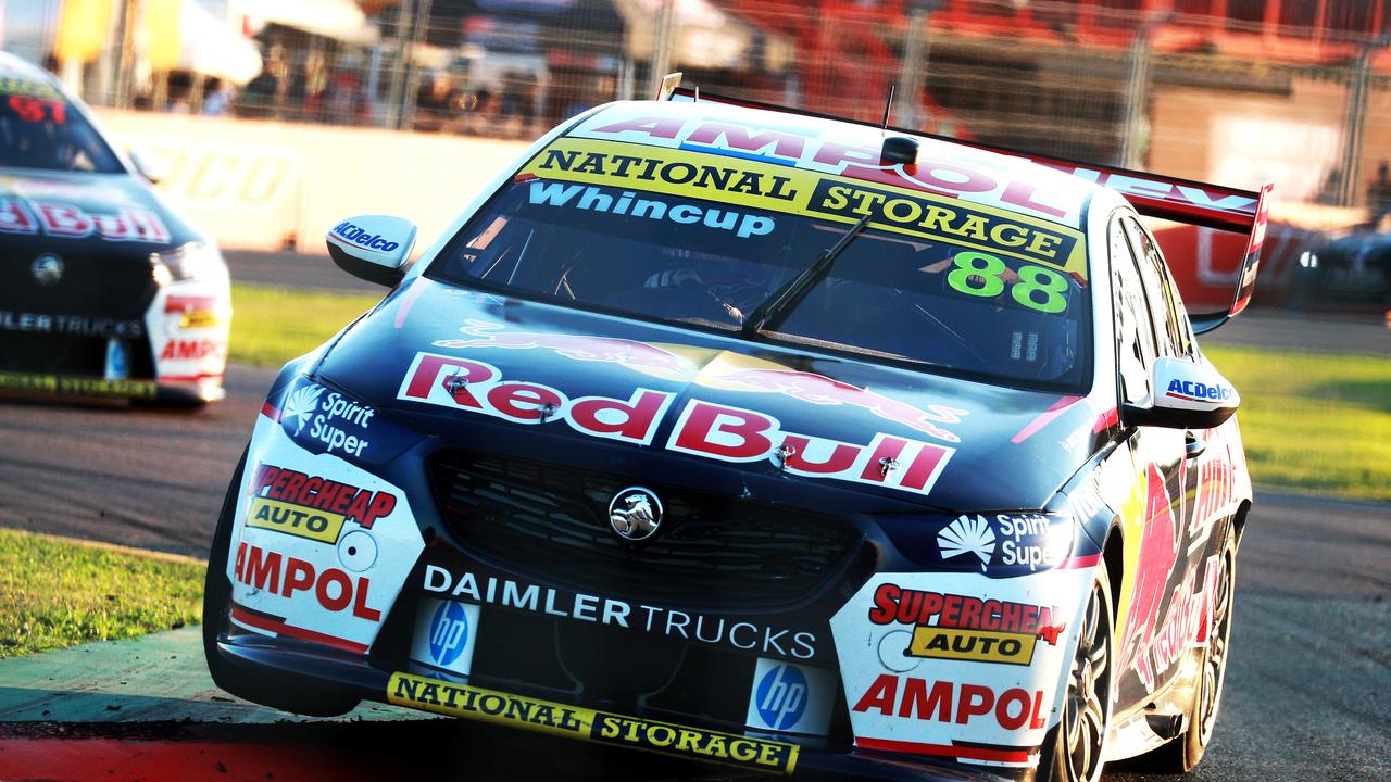 Red Bull Racing driver Jamie Whincup battled his teammate Shane van Gisbergen in an ugly friendly fire incident.