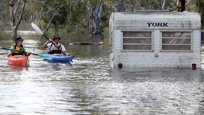 Allie Brinkworth and Stephen Hawsler kayak around flooded shacks on the River Murray at Morgan. Photo: Calum Robertson