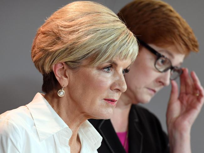 Australia's Foreign Minister Julie Bishop and Defence Minister Marise Payne. Picture: AFP