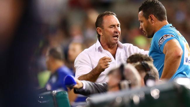 Ricky Stuart talks to a runner in the Raiders’ win over the Bulldogs.