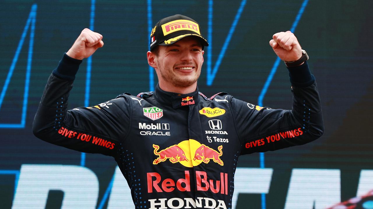 LE CASTELLET, FRANCE - JUNE 20: Race winner Max Verstappen celebrates on the podium during the F1 Grand Prix of France at Circuit Paul Ricard.