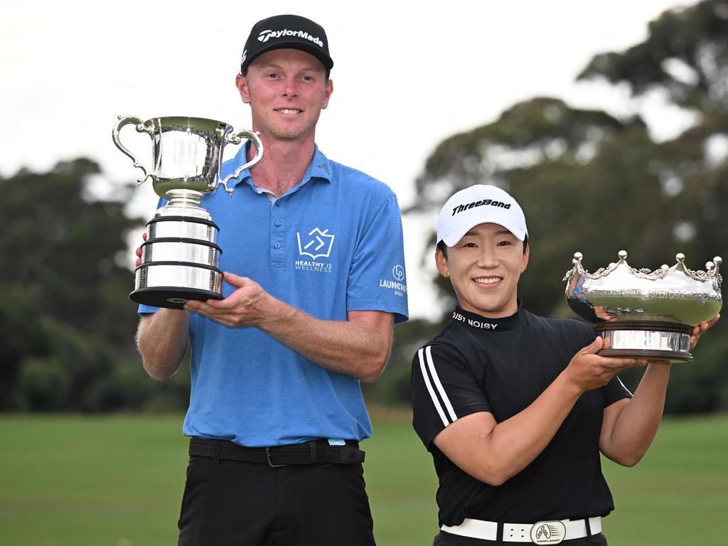 Ryggs Johnston of the US (L) and South Korea's Shin Ji-yai were the 2024 Australian Open winners. Picture: WILLIAM WEST / AFP