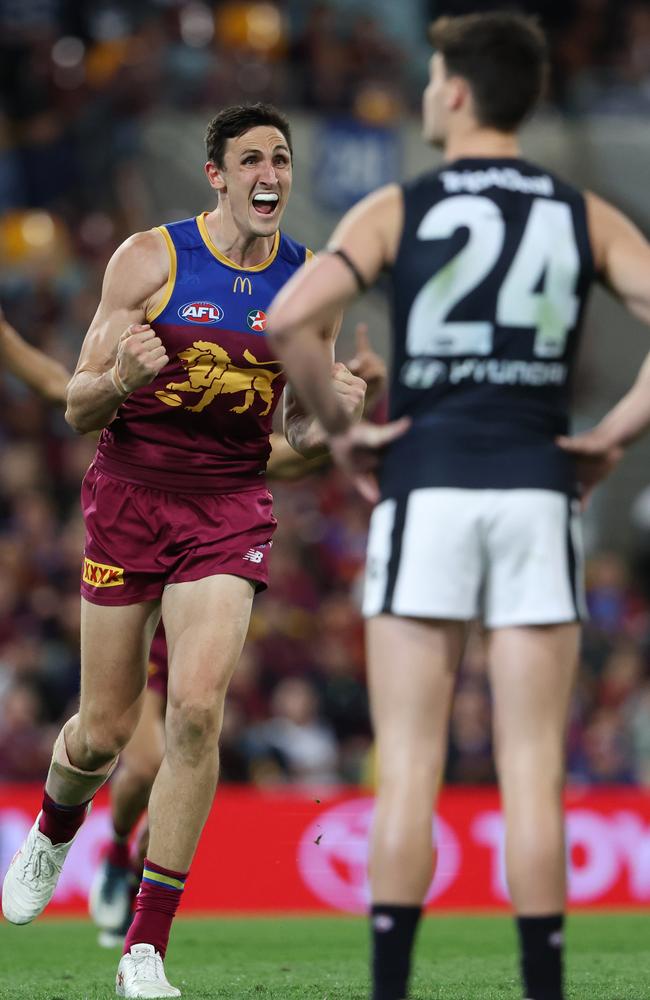 The Blues couldn’t hold on in Brisbane during a preliminary final loss. Picture: Lachie Millard