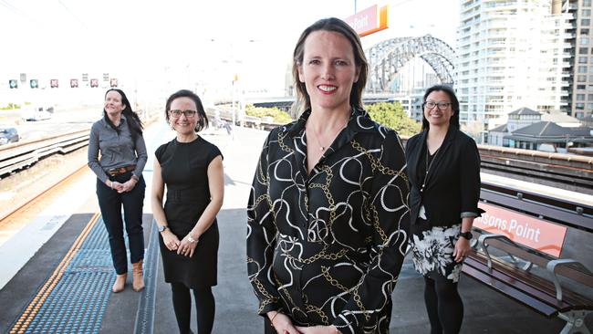 (Left to right) Lisa Shannon, Sherrie Killiby, Brooke Knox and Yvonne Lee at Milsons Point train station. The women are driving the changes to make public transport safer during COVID-19. Picture: Adam Yip