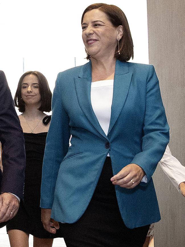 Meanwhile, opposition leader Deb Frecklington wore a blue blazer in line with the LNP’s colour scheme to her campaign launch. Picture: NCA NewsWire/Sarah Marshall