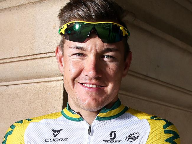 CYCLING - Heinrich Haussler proudly wearing his National Jersey after winning the championship yesterday - ready to go out on a training ride for next week's Tour Down Under. Photo Sarah Reed.