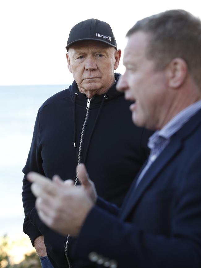 NRL legend Bob Fulton listens as Northern Beaches Council general manager Mark +Ferguson addresses residents.