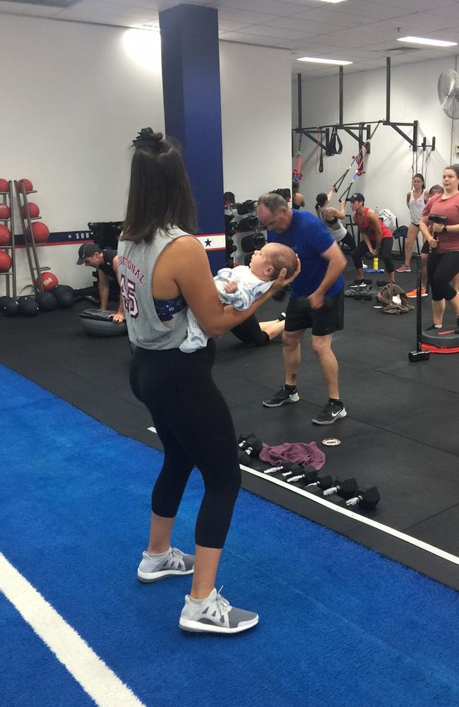 F45 Southport trainer Morgan Meredith said she didn’t even think twice about picking up baby Nephi, and continued the class as if nothing had even happened.