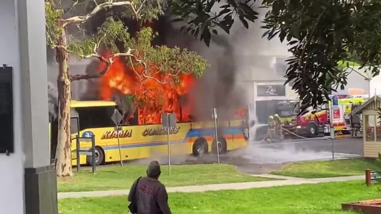 Bus on fire in the main street of Kiama