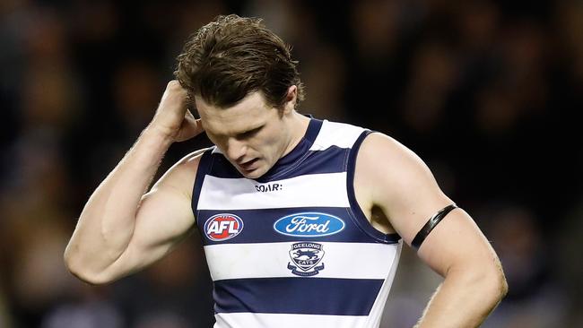 MELBOURNE, AUSTRALIA - JULY 29: Patrick Dangerfield of the Cats looks on during the 2017 AFL round 19 match between the Carlton Blues and the Geelong Cats at Etihad Stadium on July 29, 2017 in Melbourne, Australia. (Photo by Michael Willson/AFL Media/Getty Images)