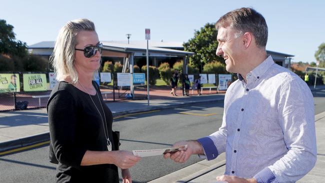 Labor candidate Des Hardman speaks with teacher Breanna Grimshaw on the campaign trail. Picture: Tim Marsden