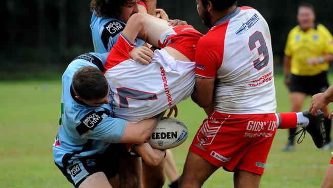 South Grafton halfback Keaton Stutt met in a heavy tackle. Picture: Leigh Jensen